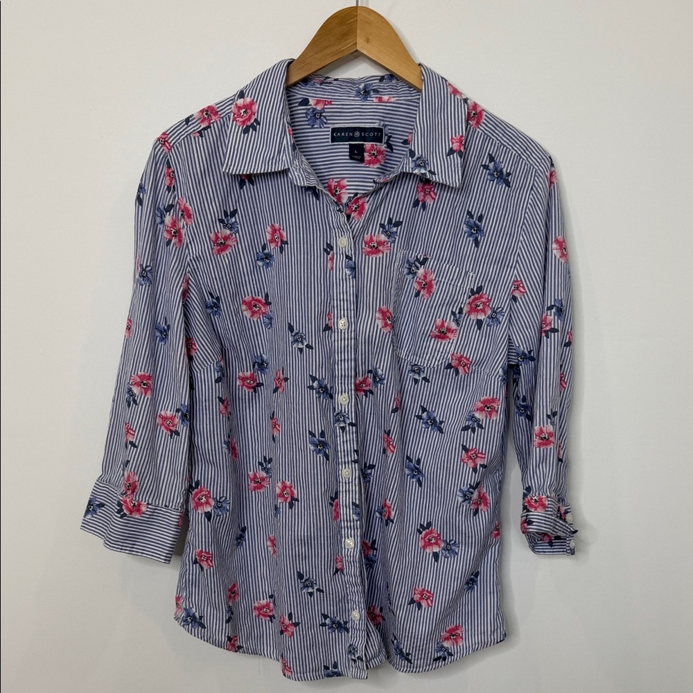 Karen Scott Cotton Blue & Pink Floral Button-Down Shirt – Women’s Large